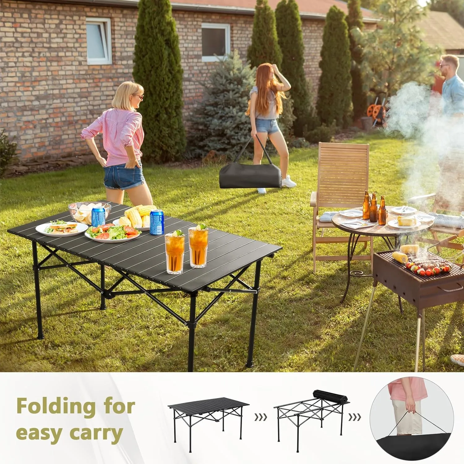 Portable Folding Camping Table, Roll-Up Aluminum Table with Carry Bag, Compact and Lightweight Design for Beach, Travel, and Outdoor Cooking Black 50×53×50cm/19.7×20.9×19.7in