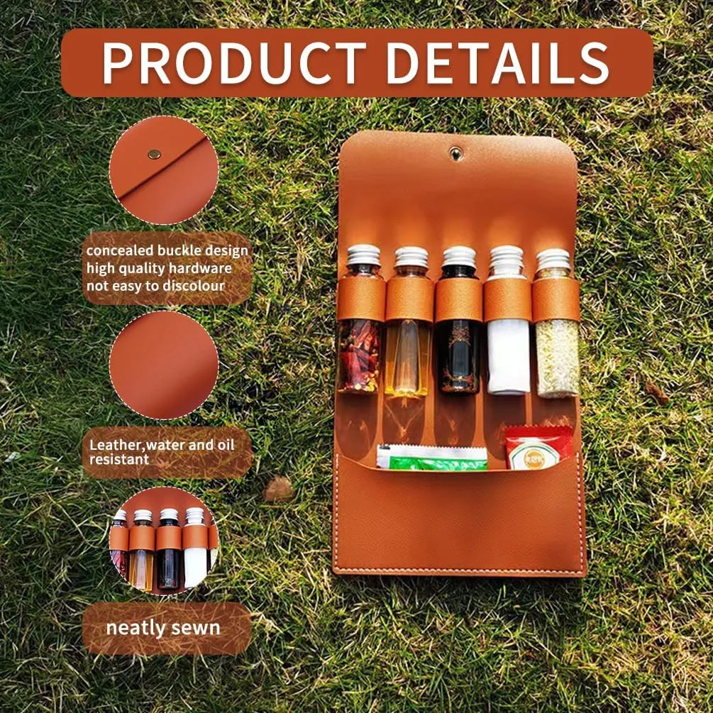 Portable Spice Bag for Travel, Camping Spice Kit with 5 Jars, Foldable Leather Spice Holder Seasoning Storage Bag, Condiment Container Set for Outdoor Picnic BBQ, Yellow, Small
