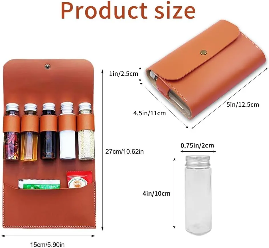 Portable Spice Bag for Travel, Camping Spice Kit with 5 Jars, Foldable Leather Spice Holder Seasoning Storage Bag, Condiment Container Set for Outdoor Picnic BBQ, Yellow, Small