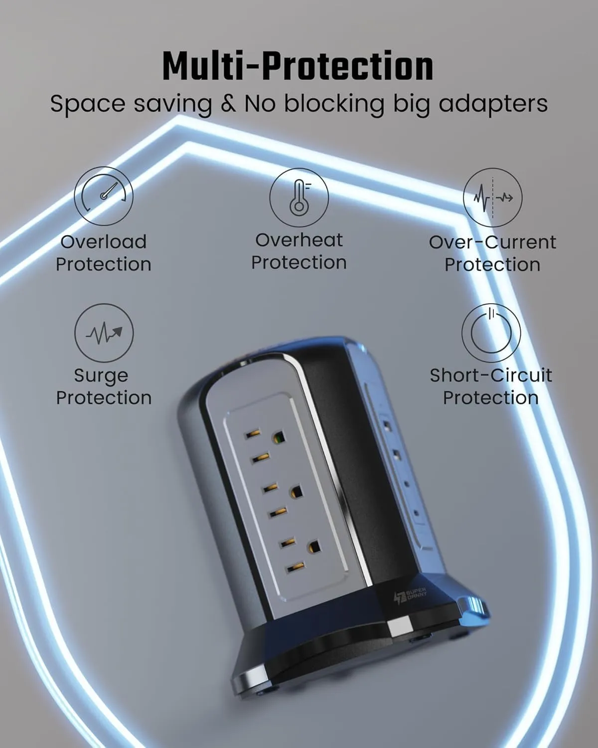 Power Strip Tower Surge Protector, SUPERDANNY Desktop Charging Station, 10 Ft Extension Cord, 9 Outlets, 4 USB Ports, 1080 Joules, 3-Prong, Grounded, Multiple Protections for Home, Office, Black