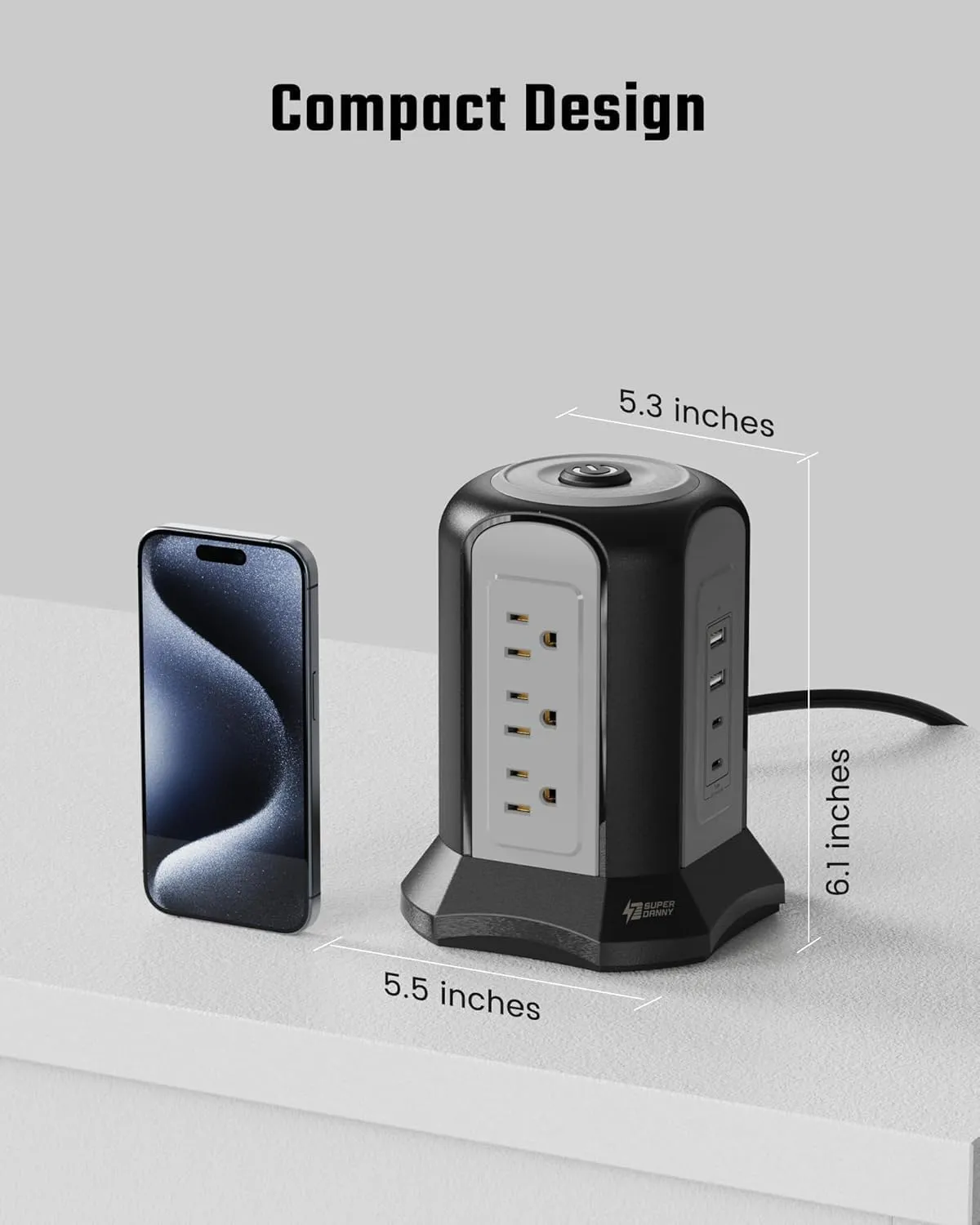 Power Strip Tower Surge Protector, SUPERDANNY Desktop Charging Station, 10 Ft Extension Cord, 9 Outlets, 4 USB Ports, 1080 Joules, 3-Prong, Grounded, Multiple Protections for Home, Office, Black