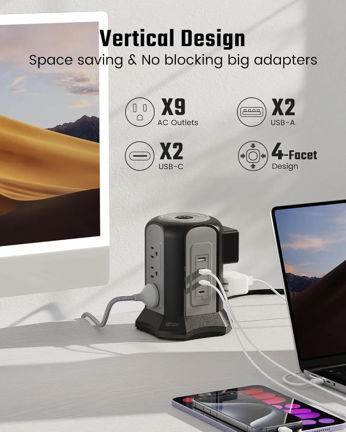 Power Strip Tower Surge Protector, SUPERDANNY Desktop Charging Station, 10 Ft Extension Cord, 9 Outlets, 4 USB Ports, 1080 Joules, 3-Prong, Grounded, Multiple Protections for Home, Office, Black