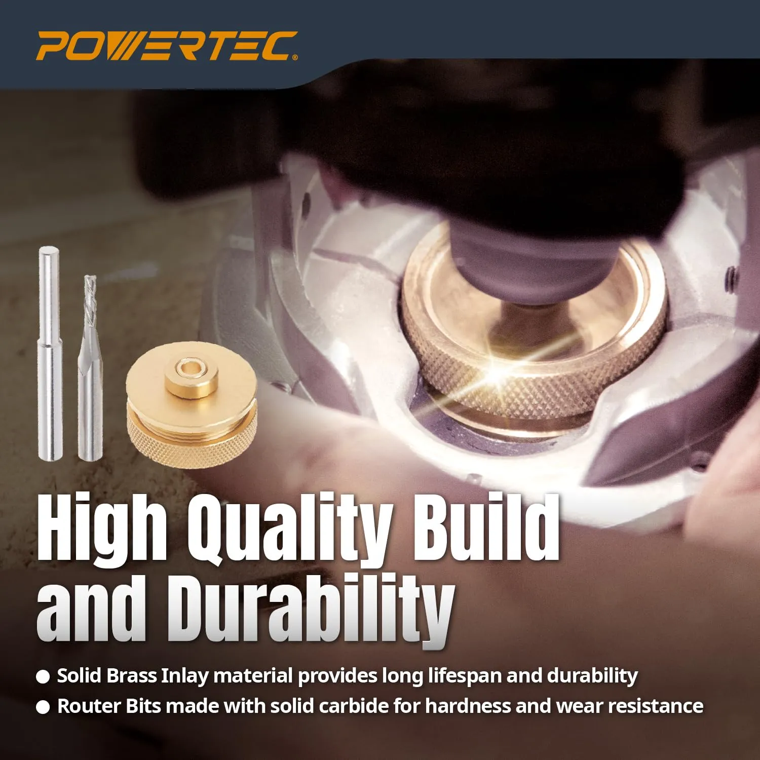POWERTEC Router Brass Inlay Kit with Router Bushing Guide Set   Centering Pin, Collar & 1/8" Diameter x 1/4" Shank Solid Carbide Router Bit, Compatible w/ 1/4" Router Templates for Woodworking (71333)