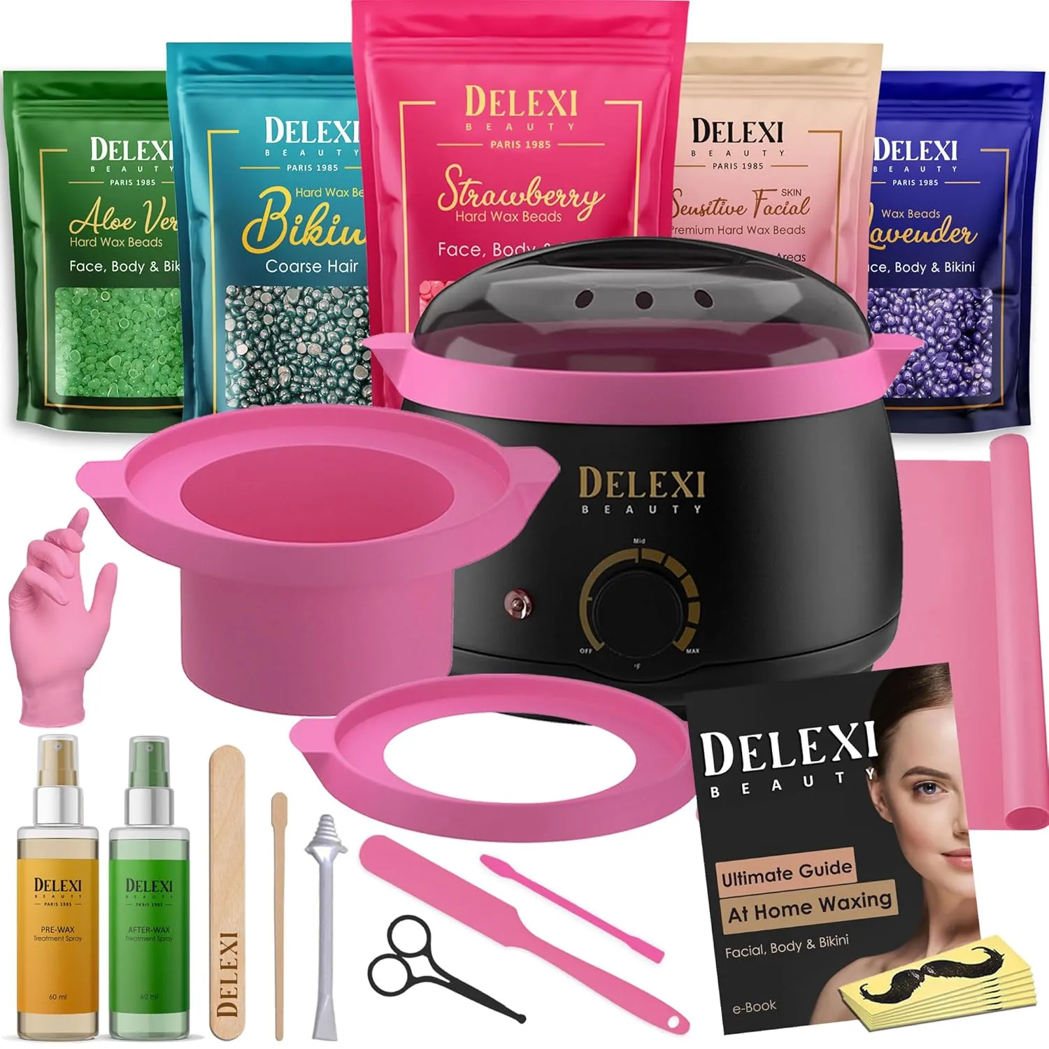 Premium All-in-one Waxing Kit for Women | Salon Quality 5-Pack Hard Wax Beads For Brows, Bikini, Legs, & More   Silicone Wax Kit Accessories