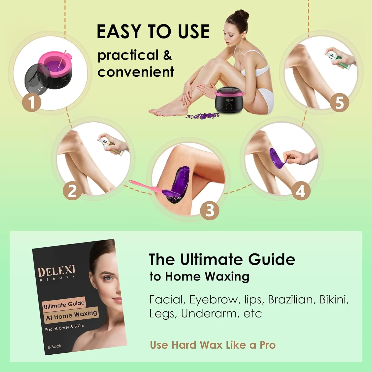 Premium All-in-one Waxing Kit for Women | Salon Quality 5-Pack Hard Wax Beads For Brows, Bikini, Legs, & More   Silicone Wax Kit Accessories