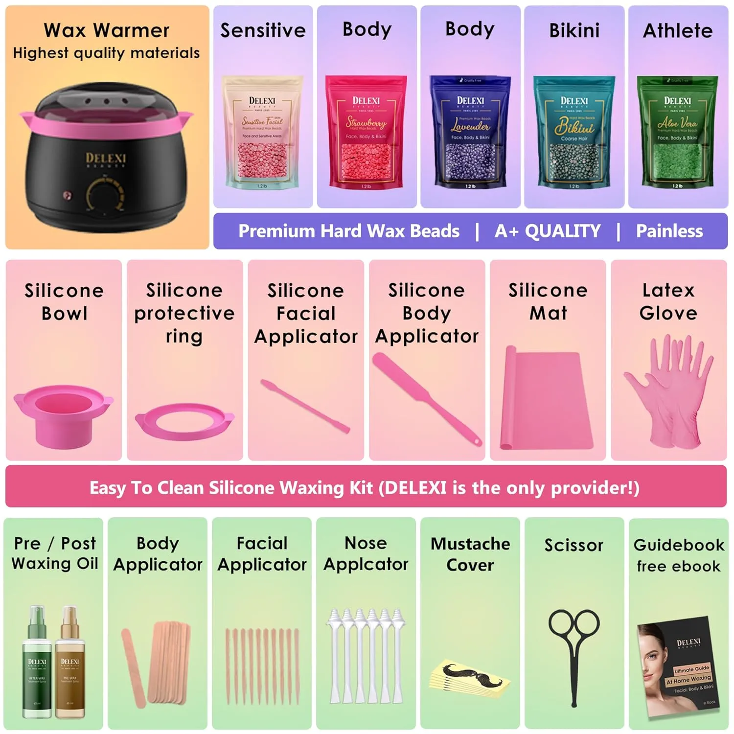 Premium All-in-one Waxing Kit for Women | Salon Quality 5-Pack Hard Wax Beads For Brows, Bikini, Legs, & More   Silicone Wax Kit Accessories