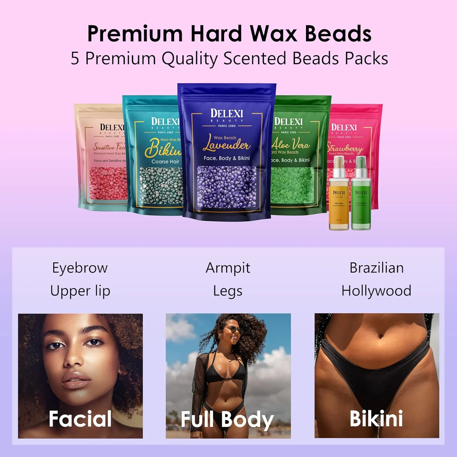 Premium All-in-one Waxing Kit for Women | Salon Quality 5-Pack Hard Wax Beads For Brows, Bikini, Legs, & More   Silicone Wax Kit Accessories