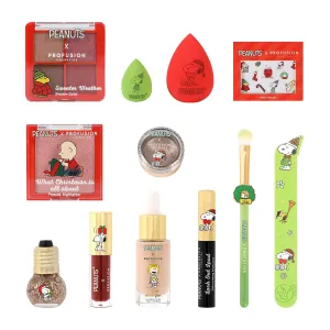 Profusion Cosmetics Peanuts Holiday 12 PC Makeup Essentials, Featuring Highlighter, Primer, Mascara, Nail Decals, and More for Creating Festive Looks