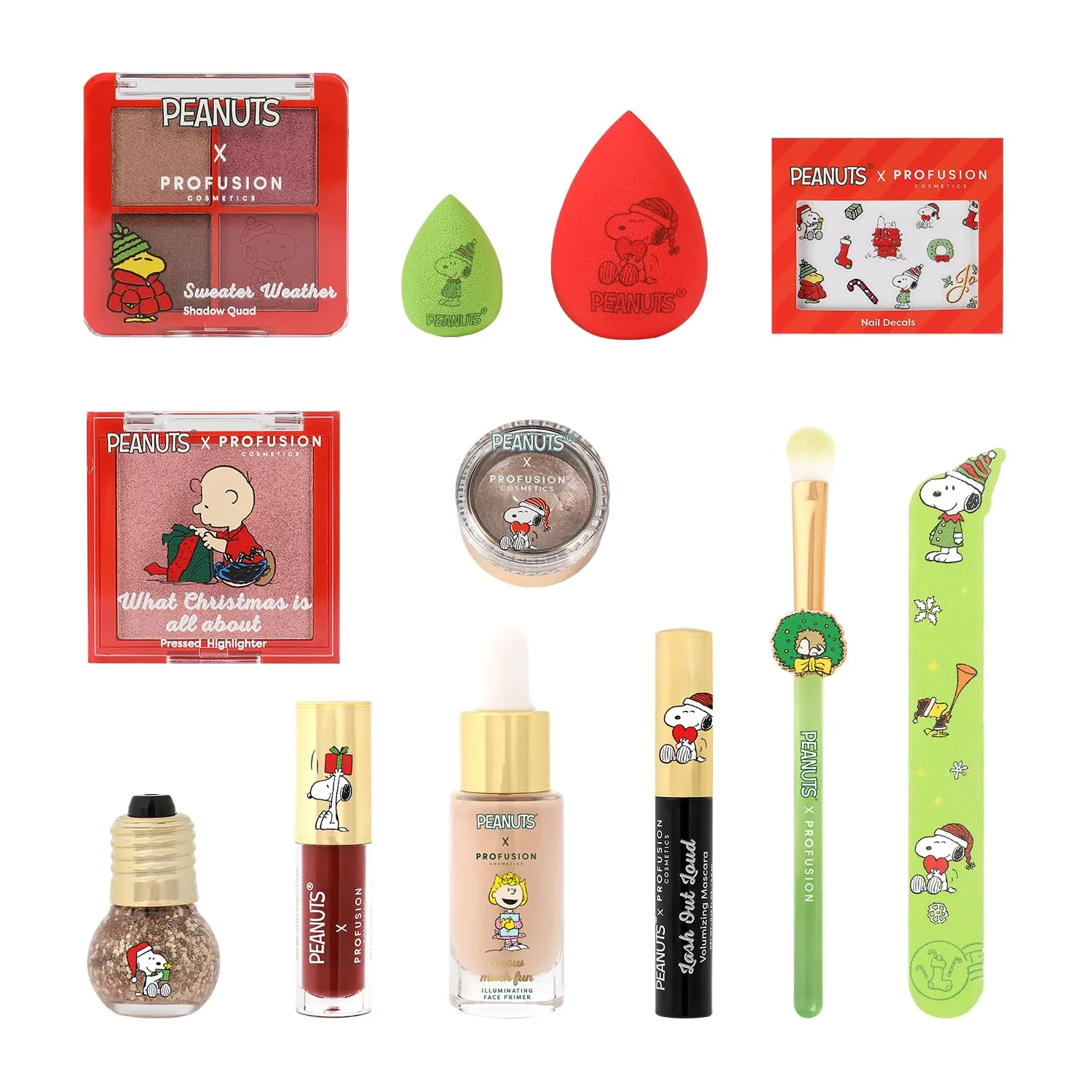 Profusion Cosmetics Peanuts Holiday 12 PC Makeup Essentials, Featuring Highlighter, Primer, Mascara, Nail Decals, and More for Creating Festive Looks