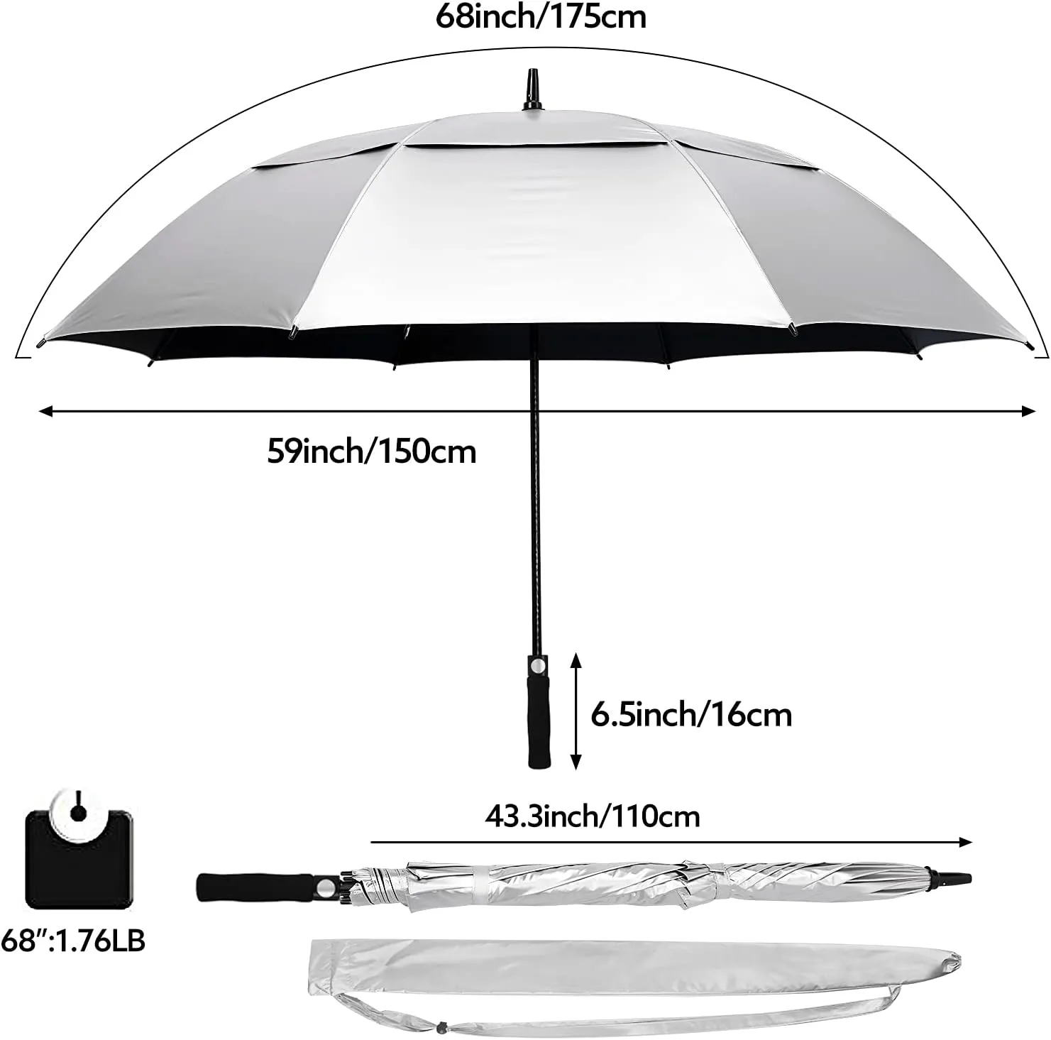 Prospo 68inch Golf Umbrella UV Protection Extra Large Oversized Heavy Duty Auto Open Double Canopy Vented Sun Rain Umbrella Windproof Black