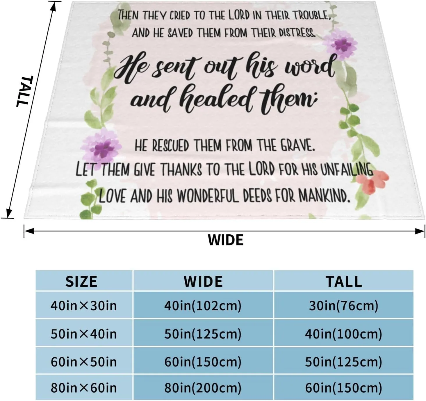 Psalms 107：19-21 60"X50" Flannel Blanket - 100% Soft Polyester, Lightweight and Warm, Suitable for Families, Camping, Travel