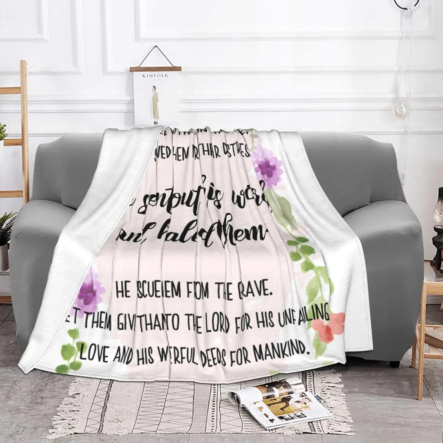 Psalms 107：19-21 60"X50" Flannel Blanket - 100% Soft Polyester, Lightweight and Warm, Suitable for Families, Camping, Travel