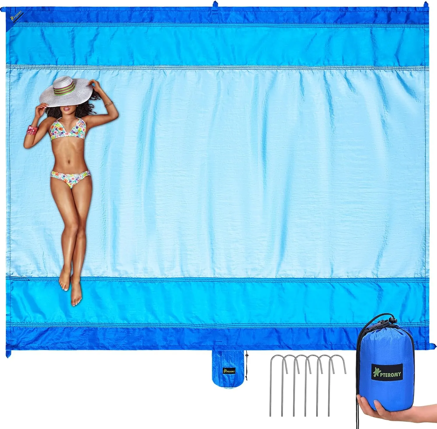 PTEROMY Beach Blanket Waterproof Sandproof, Extra Large Beach Mat with Storage Bag, Quick Drying Lightweight, 6 Stakes, Accessories for Picnic, Travel (7x7 FT, Blue)