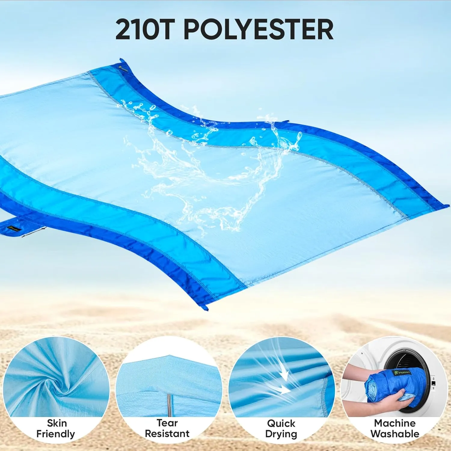 PTEROMY Beach Blanket Waterproof Sandproof, Extra Large Beach Mat with Storage Bag, Quick Drying Lightweight, 6 Stakes, Accessories for Picnic, Travel (7x7 FT, Purple)