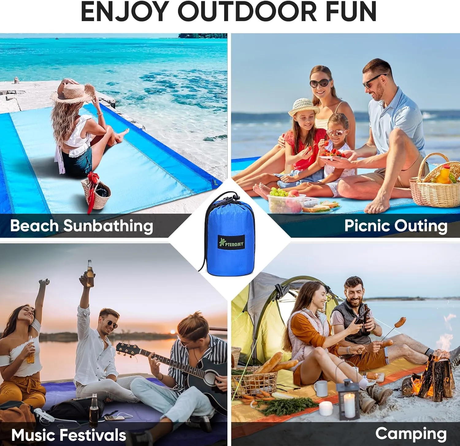 PTEROMY Beach Blanket Waterproof Sandproof, Extra Large Beach Mat with Storage Bag, Quick Drying Lightweight, 6 Stakes, Accessories for Picnic, Travel (7x7 FT, Purple)