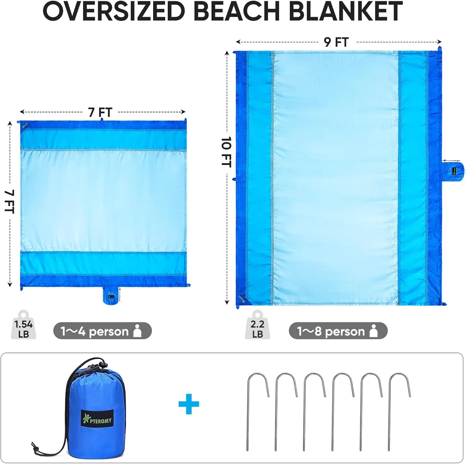 PTEROMY Beach Blanket Waterproof Sandproof, Extra Large Beach Mat with Storage Bag, Quick Drying Lightweight, 6 Stakes, Accessories for Picnic, Travel (7x7 FT, Purple)