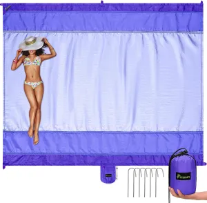 PTEROMY Beach Blanket Waterproof Sandproof, Extra Large Beach Mat with Storage Bag, Quick Drying Lightweight, 6 Stakes, Accessories for Picnic, Travel (7x7 FT, Purple)
