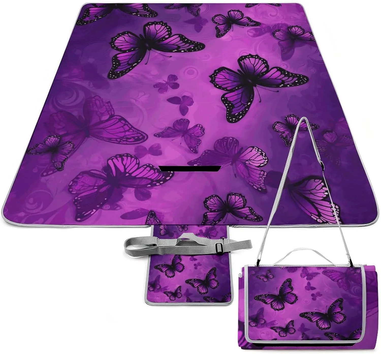Purple Butterfly Picnic Blanket Outdoor, Oversized Beach Blanket, Foldable Lightweight Waterproof Sand Cushion Suitable for Beaches, Camping Grasslands Mat