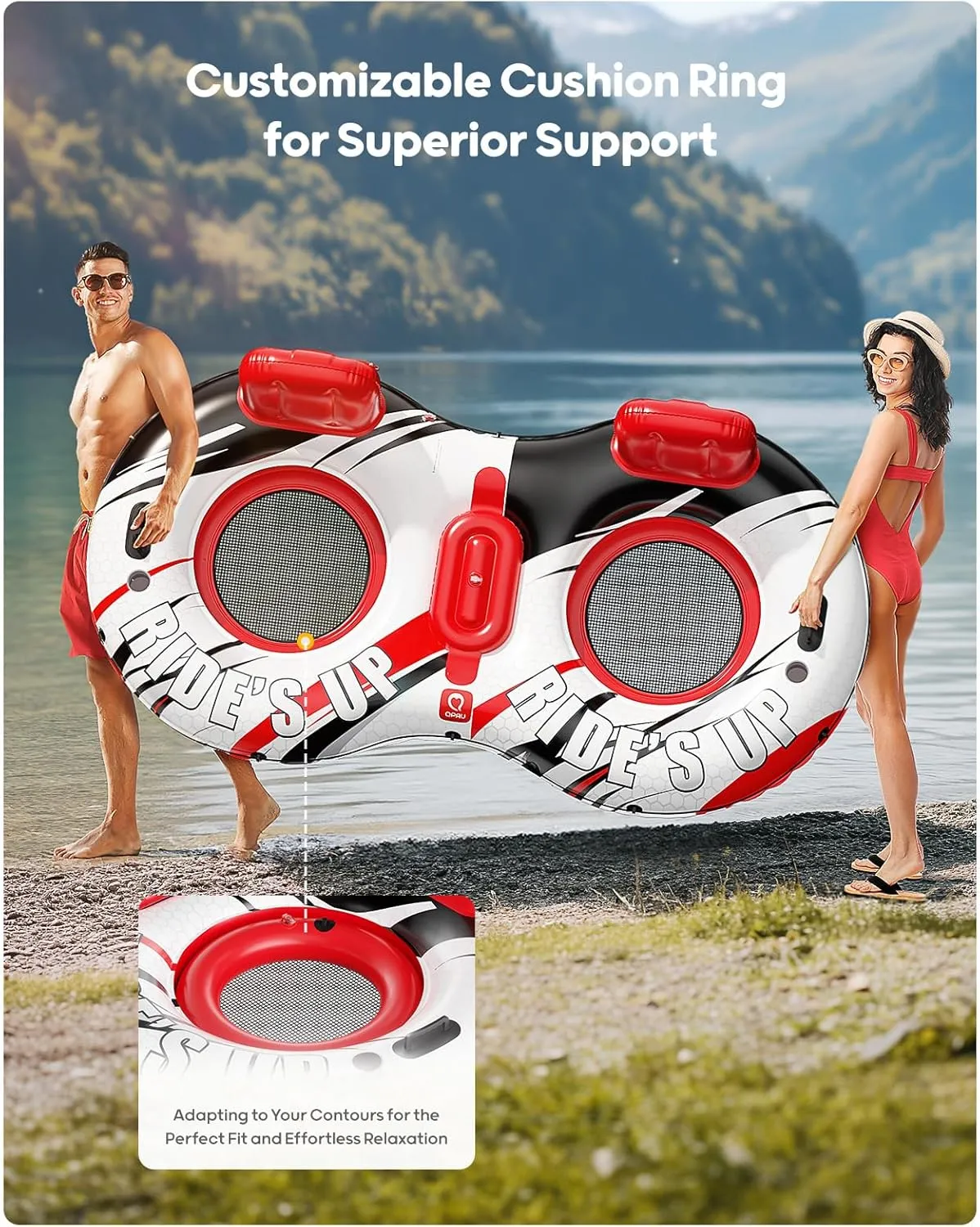 QPAU Inflatable Double River Tube, 2 Person 660lb Capacity, Puncture-Resistant 93" Sturdy Heavy Duty River Float, River Raft with Ergonomic Backrest, Cooler & Cup Holders for Family