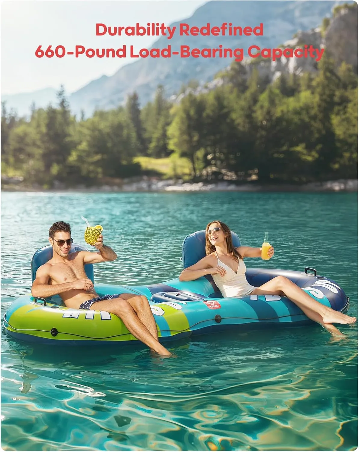 QPAU Inflatable Double River Tube, 2 Person 660lb Capacity, Puncture-Resistant 93" Sturdy Heavy Duty River Float, River Raft with Ergonomic Backrest, Cooler & Cup Holders for Family