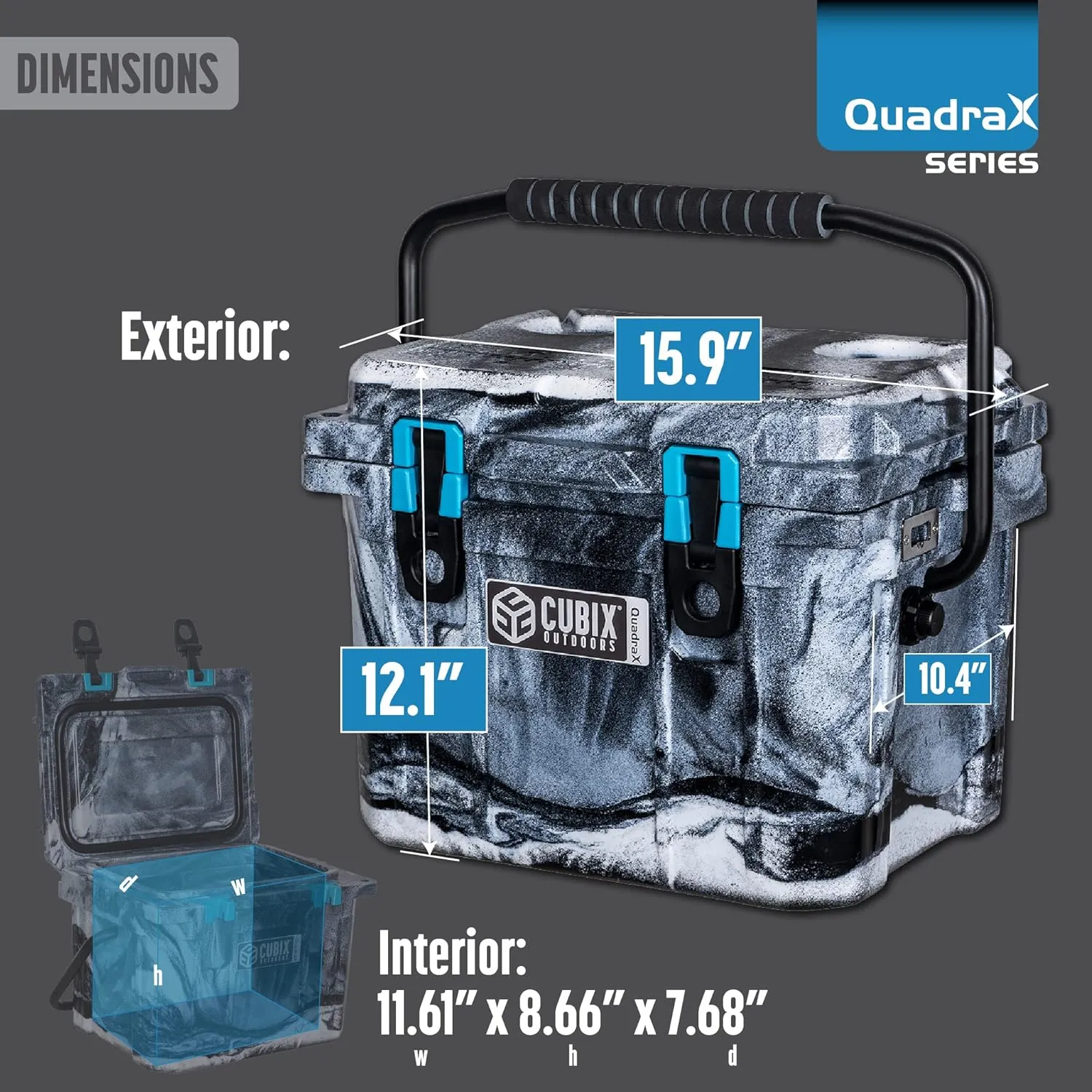 QuadraX 10QT Rotomolded Personal Cooler - Insulated Portable Hard Cooler Chest, 3 Day Cold Retention, Ideal Ice & Lunch Box for Outdoor Activities, 2 Built-in Cup Holders