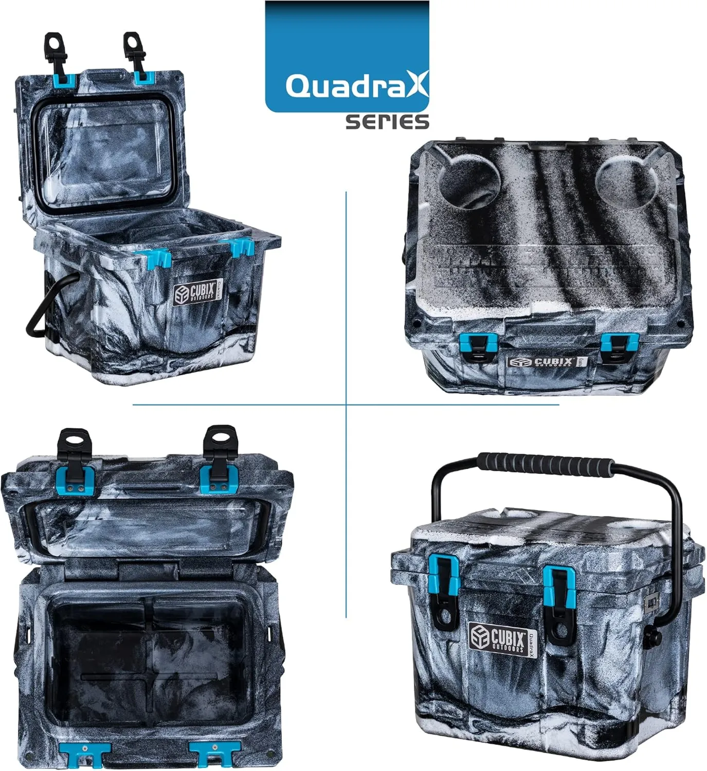 QuadraX 10QT Rotomolded Personal Cooler - Insulated Portable Hard Cooler Chest, 3 Day Cold Retention, Ideal Ice & Lunch Box for Outdoor Activities, 2 Built-in Cup Holders