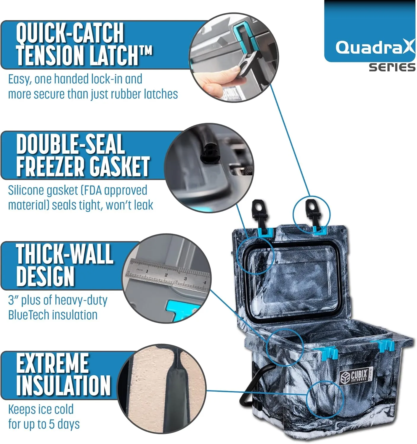QuadraX 10QT Rotomolded Personal Cooler - Insulated Portable Hard Cooler Chest, 3 Day Cold Retention, Ideal Ice & Lunch Box for Outdoor Activities, 2 Built-in Cup Holders