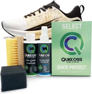 QuickCare Shoe Cleaning Kit, All-in-One Cleaning Shoes for Sneakers, 4 oz Water & Stain Protector for Shoes, Hats & Jackets, 4 oz Shoe Cleaner & Conditioner for Lasting Care, Includes Brush & Sponge
