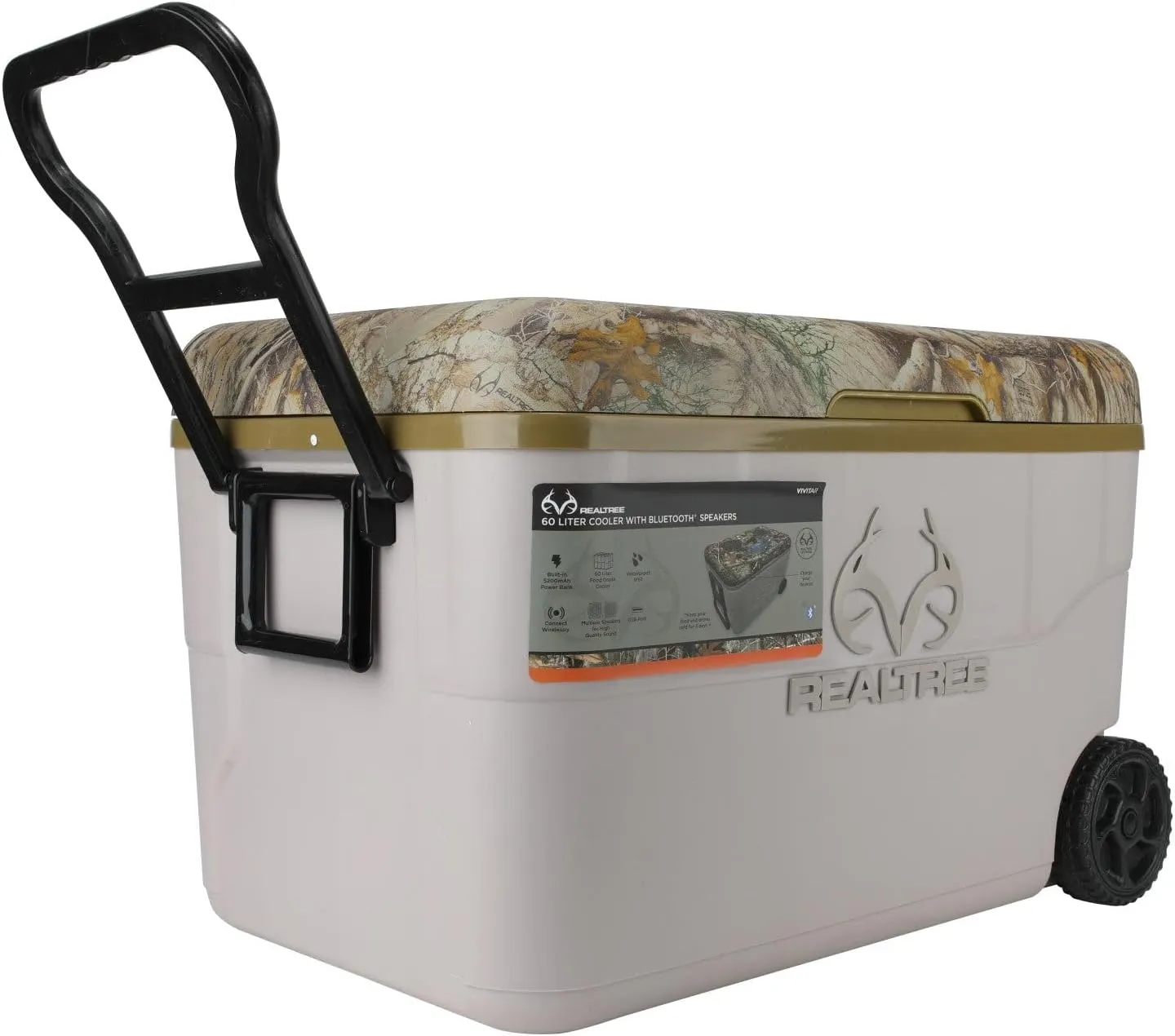 Realtree® 55 Quart Camping Cooler with Wheels and Bluetooth Speaker, IP67 Waterproof OutdoorCooler with 12000mAh Rechargeable Battery for Parties Festivals Camp Beach, Keeps Ice for 3 Daysand Up