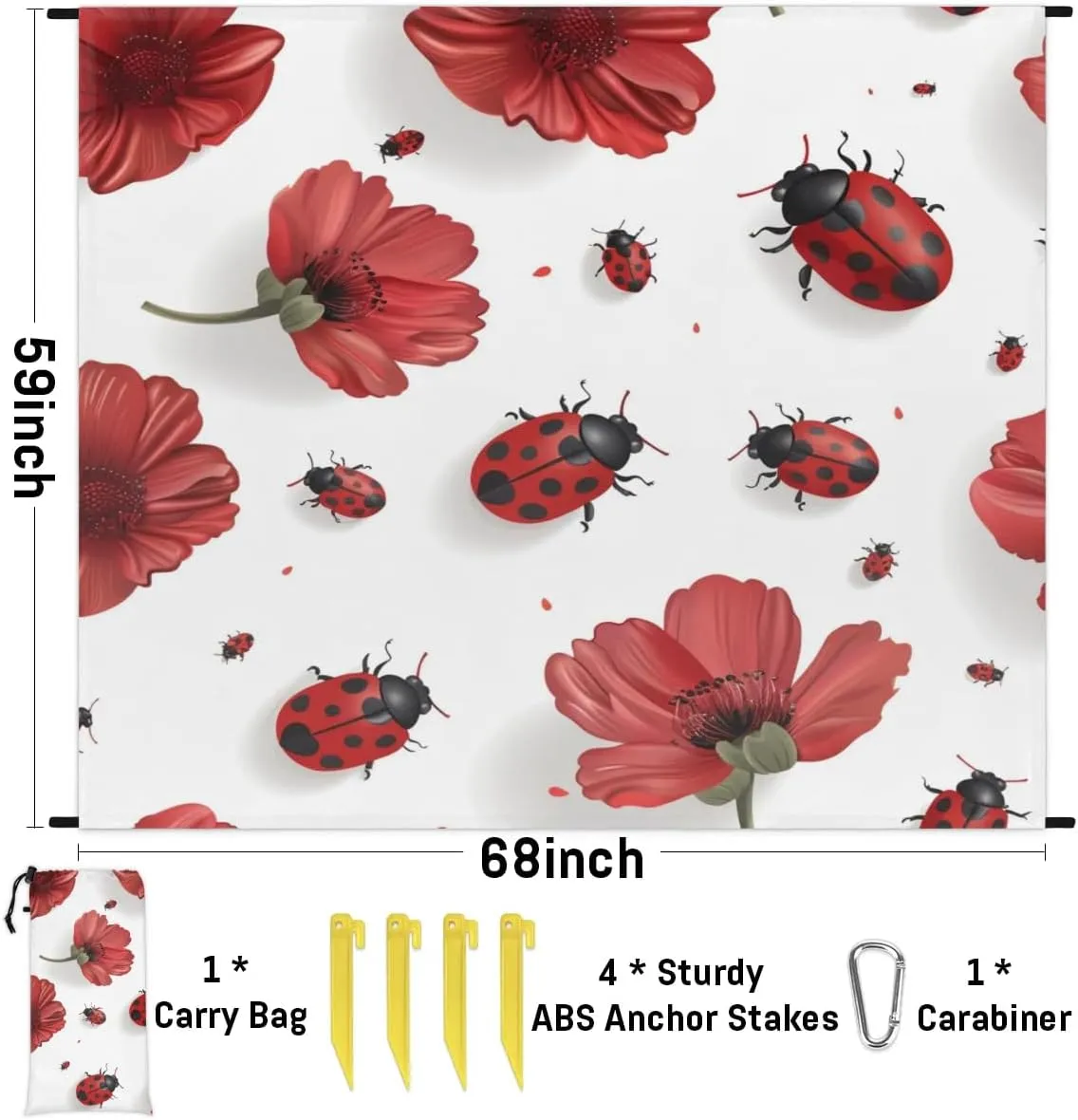 Red Ladybugs Beach Blanket, Sandproof Beach Mat, Adults Waterproof Quick Drying Sand Free Mat with 4 x Ground Spikes for Outdoor Travel Camping Hiking, Floral