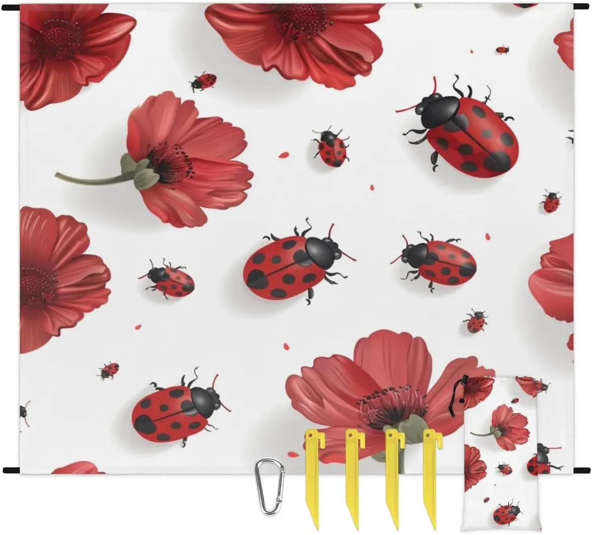 Red Ladybugs Beach Blanket, Sandproof Beach Mat, Adults Waterproof Quick Drying Sand Free Mat with 4 x Ground Spikes for Outdoor Travel Camping Hiking, Floral