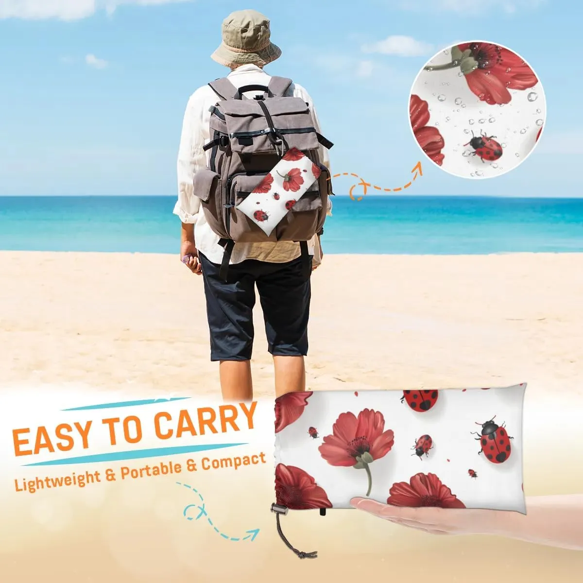 Red Ladybugs Beach Blanket, Sandproof Beach Mat, Adults Waterproof Quick Drying Sand Free Mat with 4 x Ground Spikes for Outdoor Travel Camping Hiking, Floral