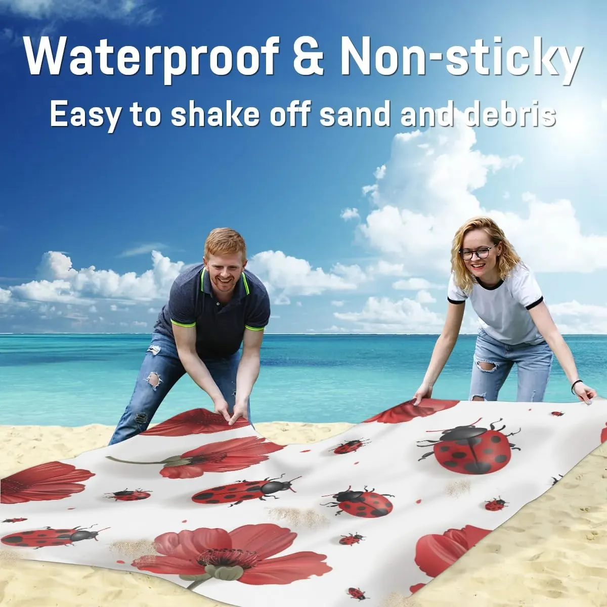 Red Ladybugs Beach Blanket, Sandproof Beach Mat, Adults Waterproof Quick Drying Sand Free Mat with 4 x Ground Spikes for Outdoor Travel Camping Hiking, Floral