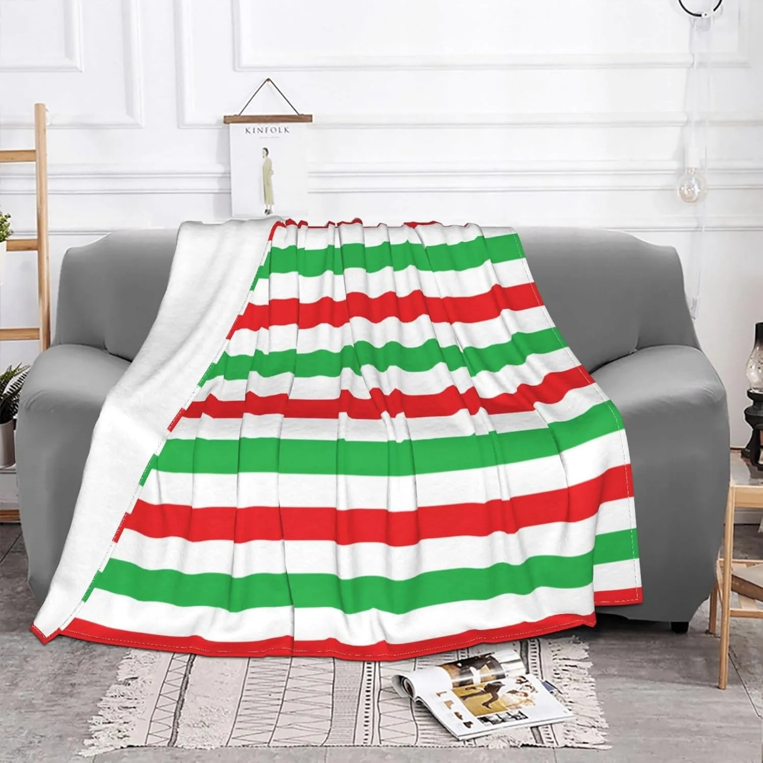 Red, White and Green Stripes 60"X50" Flannel Blanket - 100% Soft Polyester, Lightweight and Warm, Suitable for Families, Camping, Travel