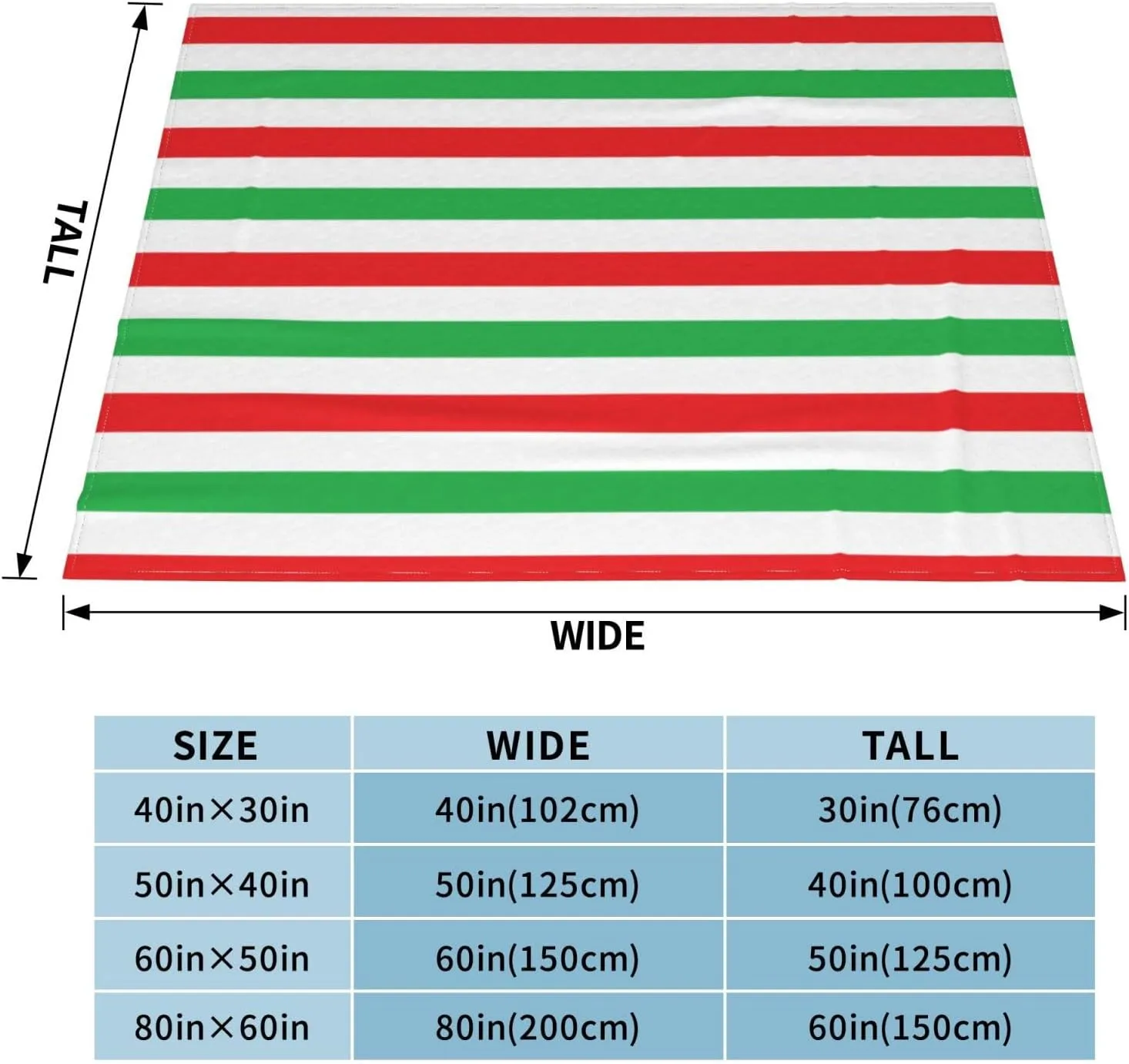 Red, White and Green Stripes 60"X50" Flannel Blanket - 100% Soft Polyester, Lightweight and Warm, Suitable for Families, Camping, Travel