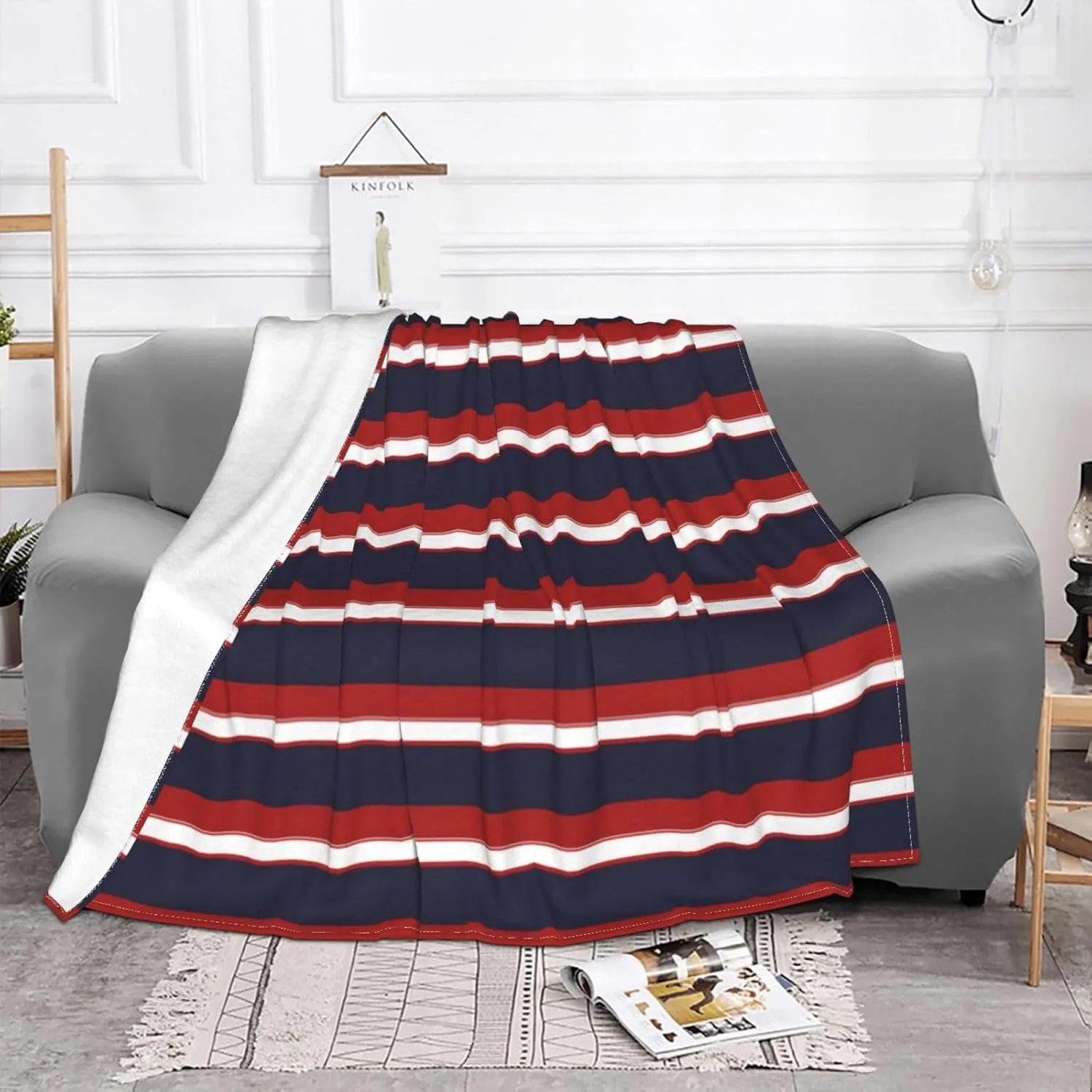 Red White Navy Blue Stripes Nautical Stripe 60"X50" Flannel Blanket - 100% Soft Polyester, Lightweight and Warm, Suitable for Families, Camping, Travel