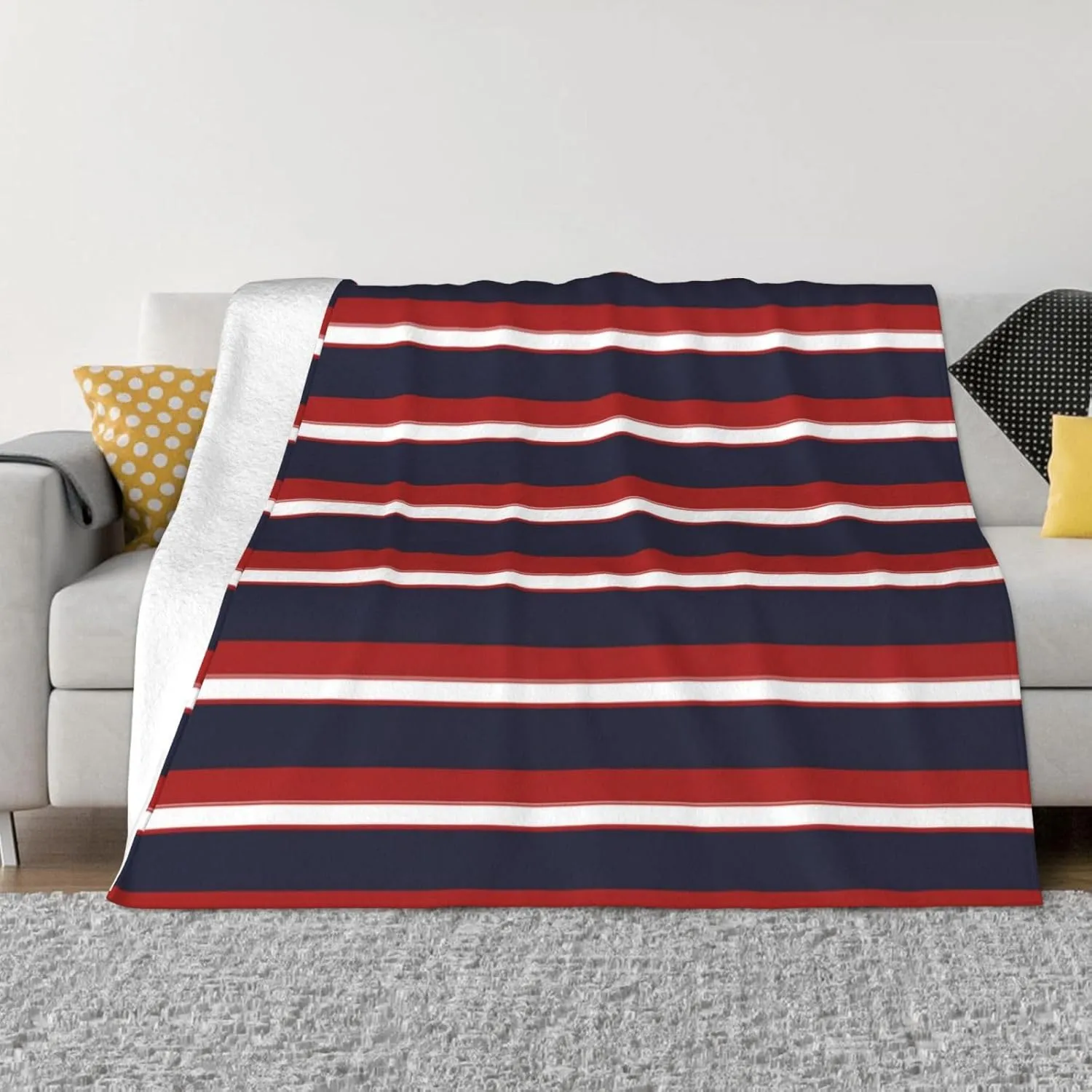 Red White Navy Blue Stripes Nautical Stripe 60"X50" Flannel Blanket - 100% Soft Polyester, Lightweight and Warm, Suitable for Families, Camping, Travel