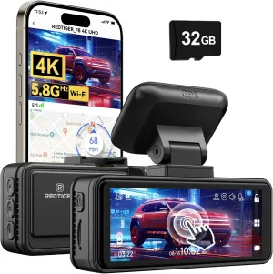 REDTIGER F8 4K Dash Cam, 5.8GHz WiFi App Control Dash Camera for Cars, 3.18'' Touch Screen 2160P UHD Car Dash Cam with Night Vision, 32GB Card, Built-in GPS, Parking Mode, Supports 512GB Max