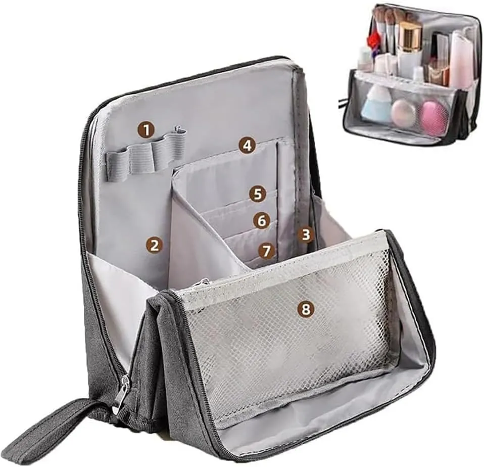 Relevanton Standing Makeup Bag, 2025 New Doresty Standing Makeup Bag Portable, Large Capacity, Multi-purpose Oxford Cloth Standing Makeup Bags with 8 Compartments (Purple)