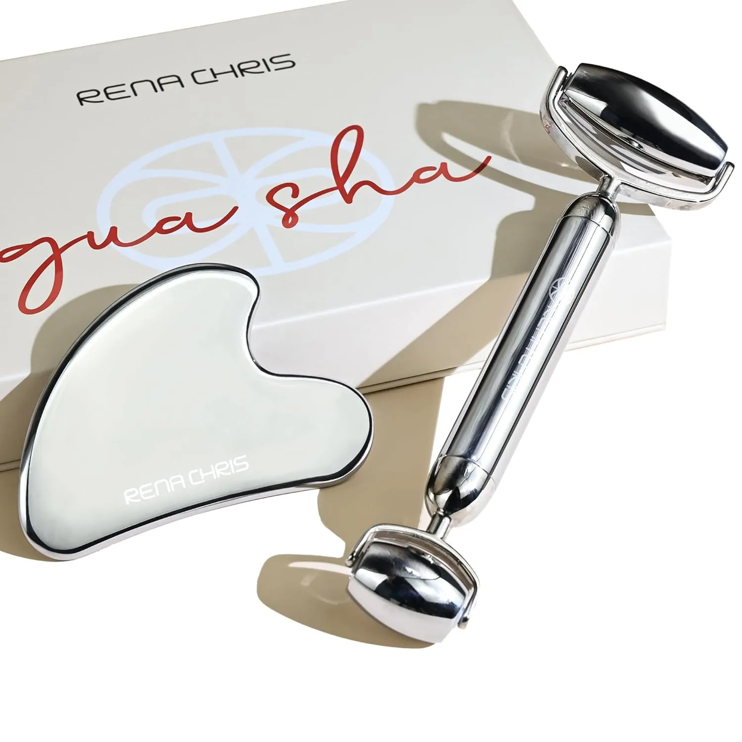 Rena Chris Gua Sha and Face Roller Set: Anti-Breakage Stainless Steel Roller for Long-Lasting Use, Jawline Sculpting and Puffiness Reducing, Gua Sha Facial Tools for Self Care Gift (Silver)