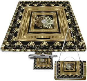Retro Gold Geometric Greek Key Waterproof Outdoor Picnic Blanket Sandproof Beach Mat for Camping Hiking Grass Travelling