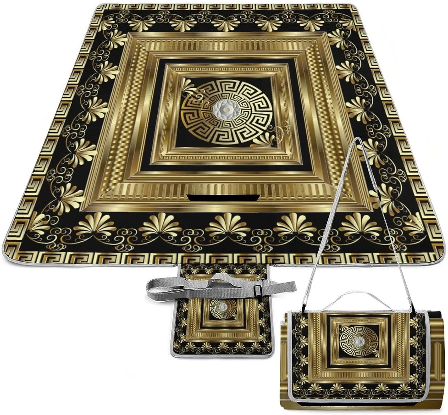 Retro Gold Geometric Greek Key Waterproof Outdoor Picnic Blanket Sandproof Beach Mat for Camping Hiking Grass Travelling