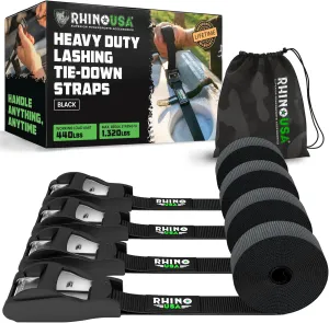 Rhino USA Lashing Straps Cargo Tie Downs (4PK) - 1,320lb lab Inspected Max Break Strength, Includes (4) Heavy Duty 1in x 12ft Cam Buckle Pull Straps. Best for Kayak, Cooler, Cargo