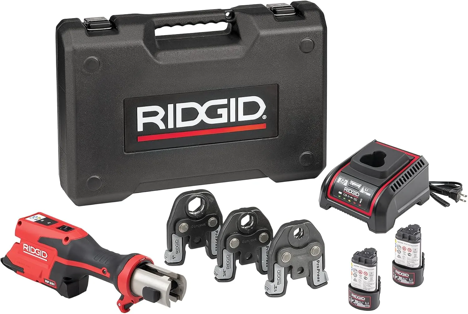 RIDGID 78158 RP 251 Compact Press Tool Battery Kit with ProPress Jaws (1/2" to 1"), In-Line Pressing Tool for Copper, Stainless Steel, PEX, and Carbon Steel