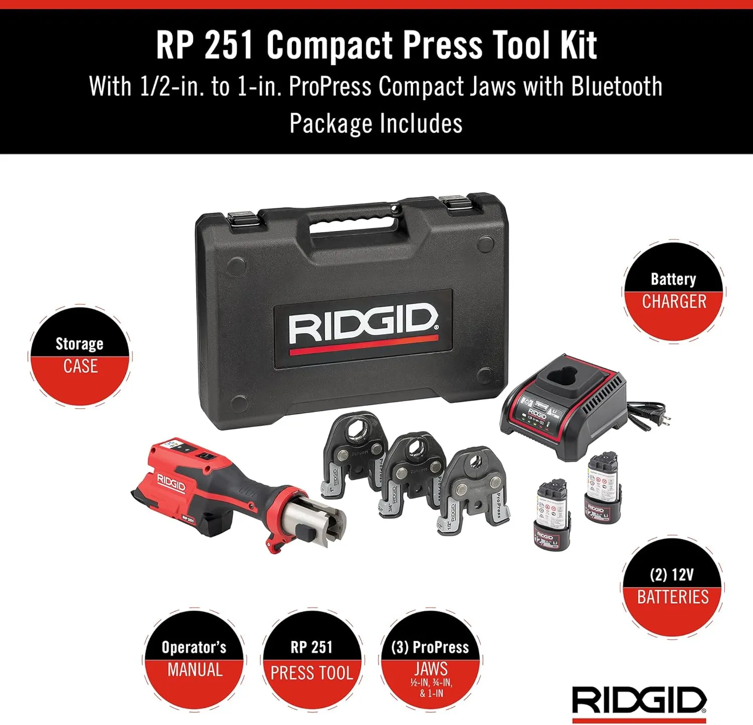 RIDGID 78158 RP 251 Compact Press Tool Battery Kit with ProPress Jaws (1/2" to 1"), In-Line Pressing Tool for Copper, Stainless Steel, PEX, and Carbon Steel