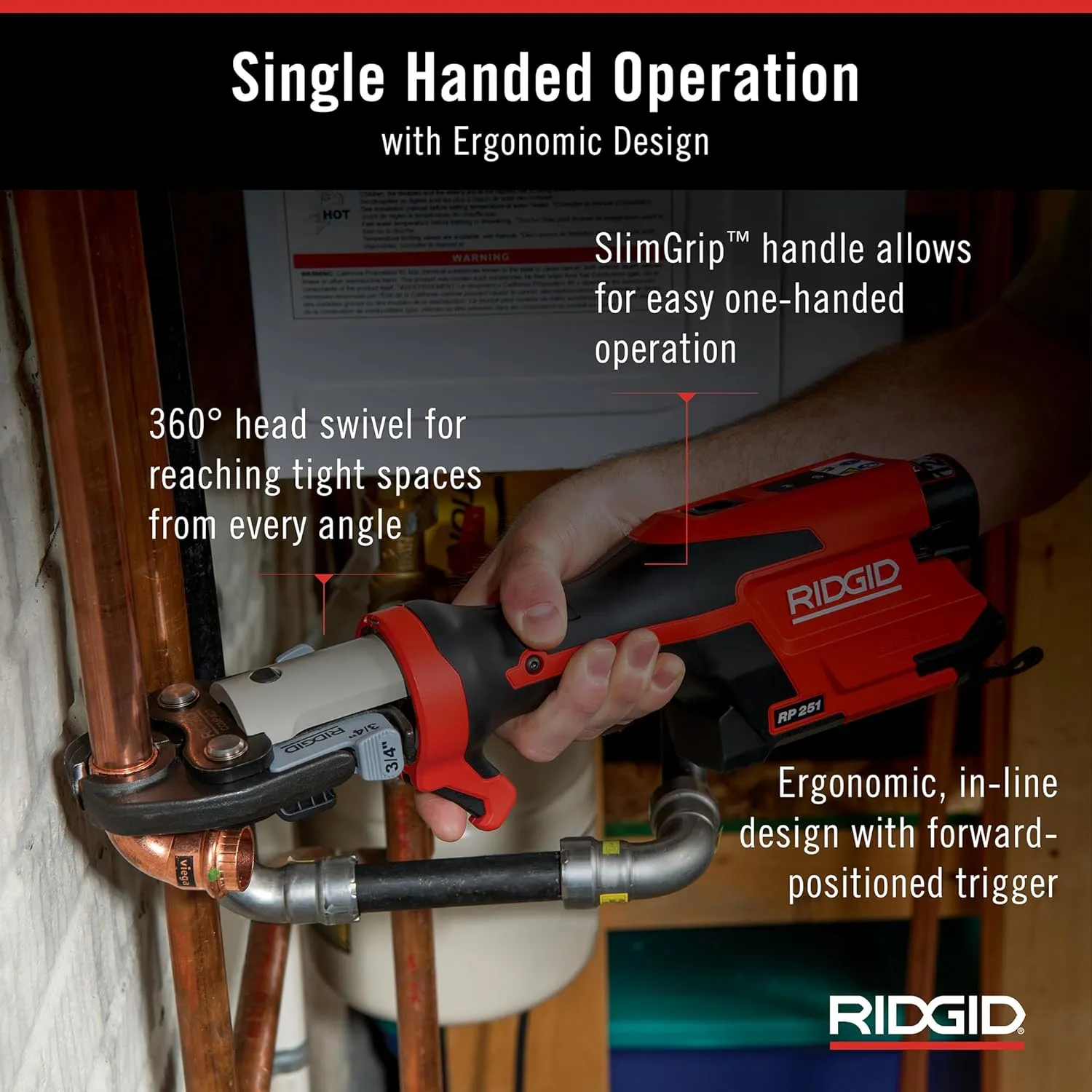 RIDGID 78208 RP 251 Compact Press Tool Battery Kit with ProPress Rings and Jaws (1/2" to 1-1/4") and C1 Actuator, In-Line Pressing Tool for Copper, Stainless Steel, PEX, and Carbon Steel