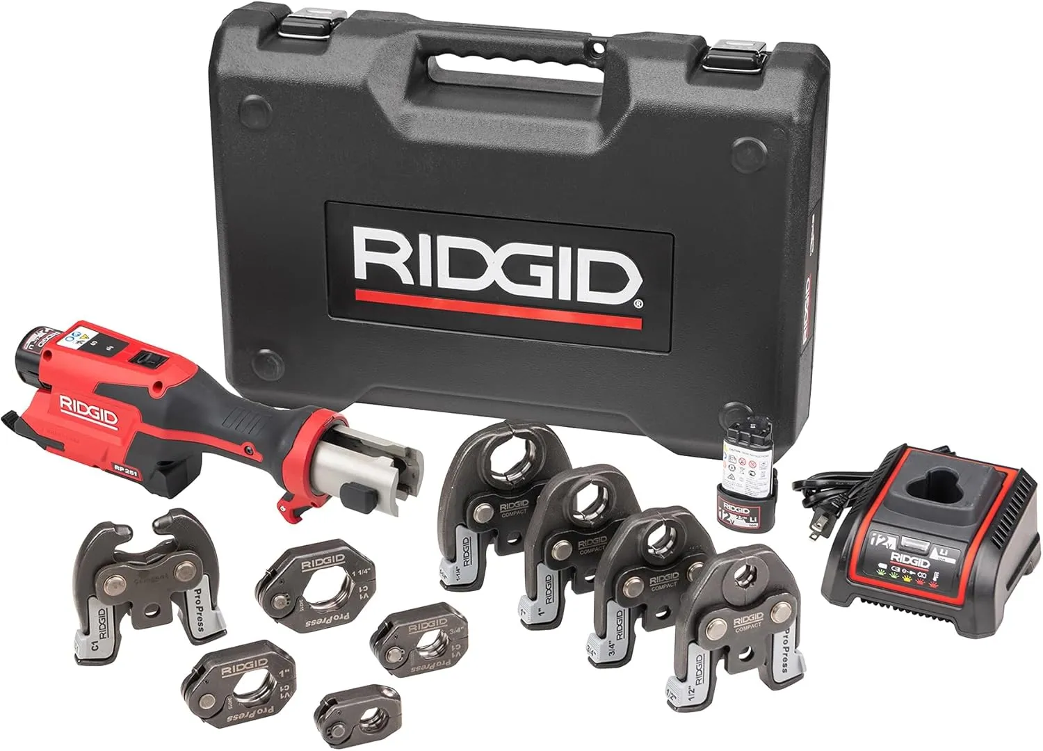 RIDGID 78208 RP 251 Compact Press Tool Battery Kit with ProPress Rings and Jaws (1/2" to 1-1/4") and C1 Actuator, In-Line Pressing Tool for Copper, Stainless Steel, PEX, and Carbon Steel