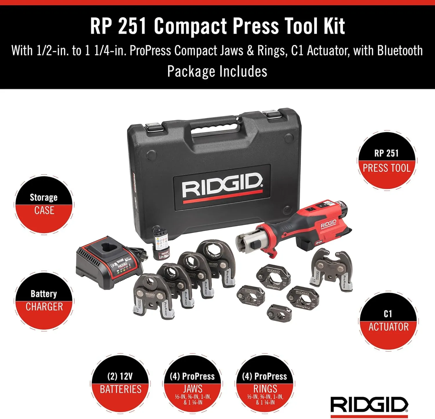 RIDGID 78208 RP 251 Compact Press Tool Battery Kit with ProPress Rings and Jaws (1/2" to 1-1/4") and C1 Actuator, In-Line Pressing Tool for Copper, Stainless Steel, PEX, and Carbon Steel