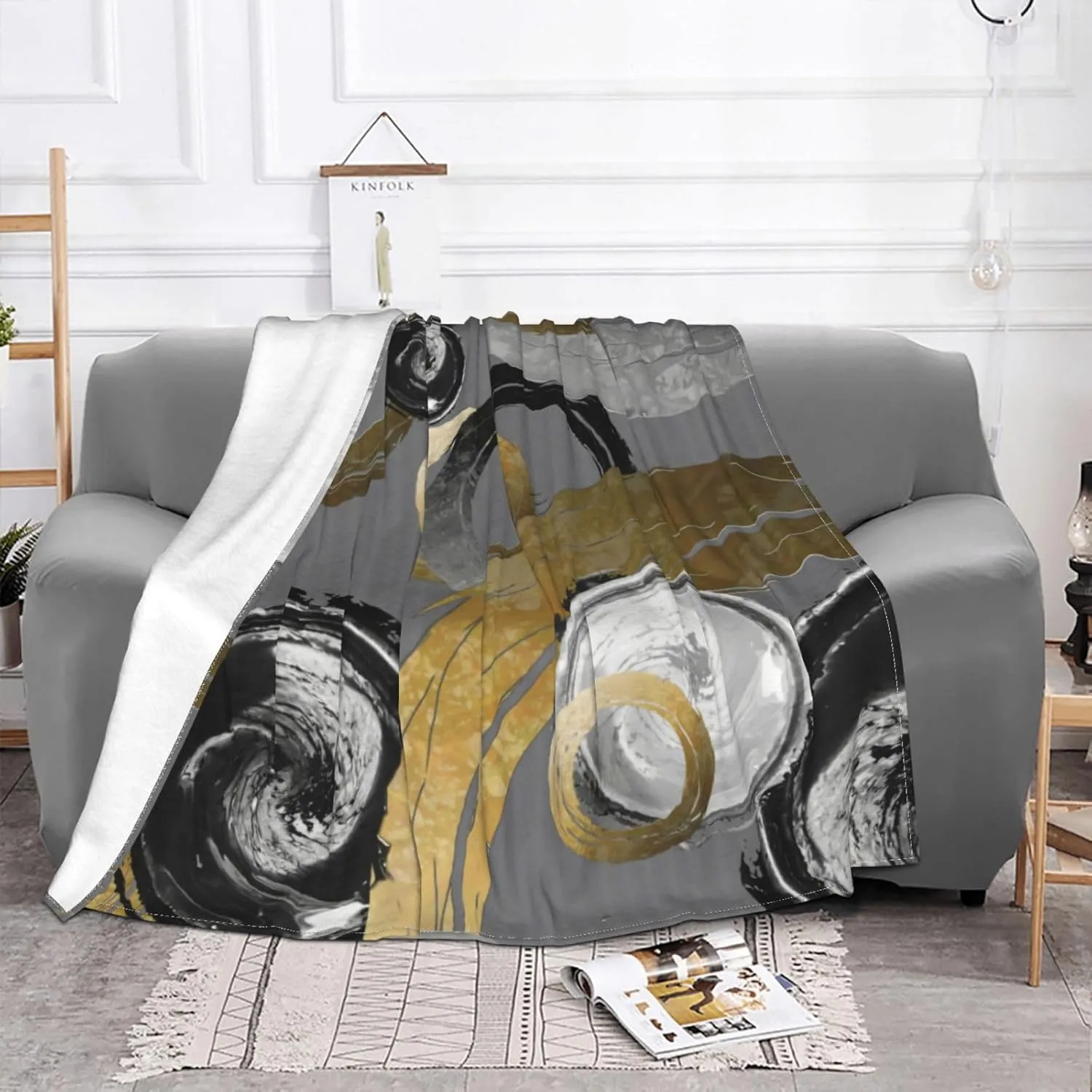 Rings Circles Modern Abstract Gold Black Grey 80"X60" Flannel Blanket - 100% Soft Polyester, Lightweight and Warm, Suitable for Families, Camping, Travel