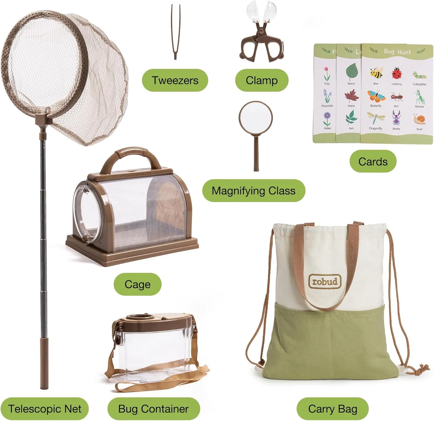 ROBUD Kids Explorer Kit, Bug Catcher Kit with Bag Kit, Outdoor Exploration Set for Camping, Montessroi Toy for Kids Coming Closer to Nature，WRP07